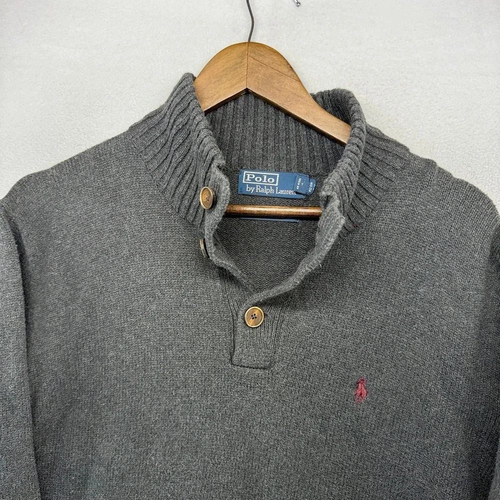 Vintage Ralph Lauren Sweater Men's Medium Gray Tight Knit Henley Mock Pony 90s